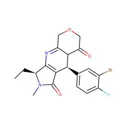 CC[C@H]1C2=C(C(=O)N1C)[C@H](c1ccc(F)c(Br)c1)C1C(=O)COCC1=N2 ZINC000040567561