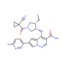 CC[C@H]1CN(C(=O)C2(C#N)CC2)C[C@H]1Nc1c(C(N)=O)cnn2cc(-c3ccc(C)nc3)cc12 ZINC000261155904