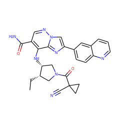 CC[C@H]1CN(C(=O)C2(C#N)CC2)C[C@H]1Nc1c(C(N)=O)cnn2cc(-c3ccc4ncccc4c3)nc12 ZINC001772577222