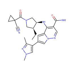 CC[C@H]1CN(C(=O)C2(C#N)CC2)C[C@H]1Nc1c(C(N)=O)cnn2cc(-c3cn(C)nc3C)cc12 ZINC000261114267