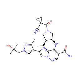 CC[C@H]1CN(C(=O)C2(C#N)CC2)C[C@H]1Nc1c(C(N)=O)cnn2cc(-c3cn(CC(C)(C)O)nc3C)nc12 ZINC001772621058