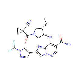 CC[C@H]1CN(C(=O)C2(C#N)CC2)C[C@H]1Nc1c(C(N)=O)cnn2cc(-c3cnn(C(F)F)c3)nc12 ZINC001772572946