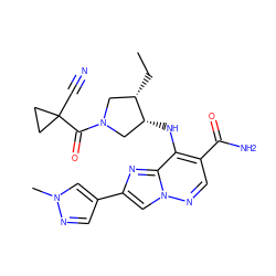 CC[C@H]1CN(C(=O)C2(C#N)CC2)C[C@H]1Nc1c(C(N)=O)cnn2cc(-c3cnn(C)c3)nc12 ZINC001772646817