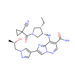 CC[C@H]1CN(C(=O)C2(C#N)CC2)C[C@H]1Nc1c(C(N)=O)cnn2cc(-c3cnn(C[C@@H](C)O)c3)nc12 ZINC001772639833