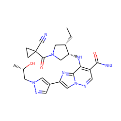 CC[C@H]1CN(C(=O)C2(C#N)CC2)C[C@H]1Nc1c(C(N)=O)cnn2cc(-c3cnn(C[C@H](C)O)c3)nc12 ZINC001772645249