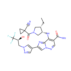 CC[C@H]1CN(C(=O)C2(C#N)CC2)C[C@H]1Nc1c(C(N)=O)cnn2cc(-c3cnn(C[C@H](O)C(F)(F)F)c3)nc12 ZINC001772646932