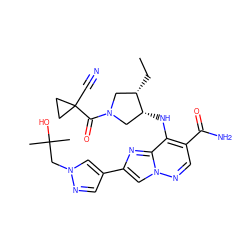 CC[C@H]1CN(C(=O)C2(C#N)CC2)C[C@H]1Nc1c(C(N)=O)cnn2cc(-c3cnn(CC(C)(C)O)c3)nc12 ZINC001772579101