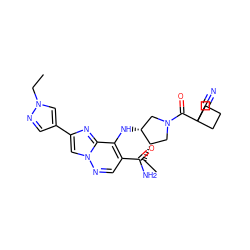 CC[C@H]1CN(C(=O)C2(C#N)CCC2)C[C@H]1Nc1c(C(N)=O)cnn2cc(-c3cnn(CC)c3)nc12 ZINC001772570302