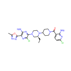 CC[C@H]1CN(c2nc(N)c(-c3nnc(C)o3)nc2Cl)CCN1C1CCN(C(=O)c2ccc(Cl)nc2N)CC1 ZINC000103266170