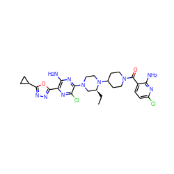 CC[C@H]1CN(c2nc(N)c(-c3nnc(C4CC4)o3)nc2Cl)CCN1C1CCN(C(=O)c2ccc(Cl)nc2N)CC1 ZINC000103266174