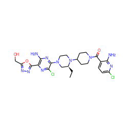 CC[C@H]1CN(c2nc(N)c(-c3nnc(CO)o3)nc2Cl)CCN1C1CCN(C(=O)c2ccc(Cl)nc2N)CC1 ZINC000103266178