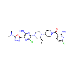 CC[C@H]1CN(c2nc(N)c(-c3nnc(N(C)C)o3)nc2Cl)CCN1C1CCN(C(=O)c2ccc(Cl)nc2N)CC1 ZINC000103266184