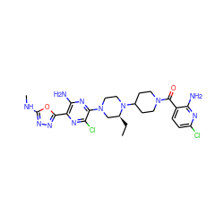 CC[C@H]1CN(c2nc(N)c(-c3nnc(NC)o3)nc2Cl)CCN1C1CCN(C(=O)c2ccc(Cl)nc2N)CC1 ZINC000103266190