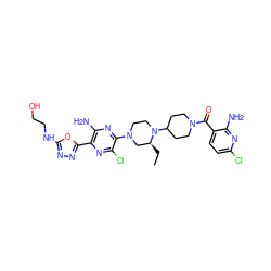 CC[C@H]1CN(c2nc(N)c(-c3nnc(NCCO)o3)nc2Cl)CCN1C1CCN(C(=O)c2ccc(Cl)nc2N)CC1 ZINC000103266186