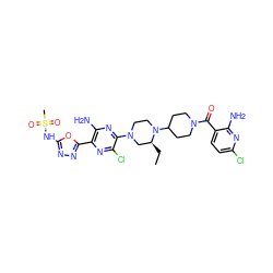 CC[C@H]1CN(c2nc(N)c(-c3nnc(NS(C)(=O)=O)o3)nc2Cl)CCN1C1CCN(C(=O)c2ccc(Cl)nc2N)CC1 ZINC000150605262