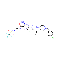 CC[C@H]1CN(c2nc(N)c(C(=O)NCCNS(=O)(=O)C(F)(F)F)nc2Cl)CCN1C1CCN(Cc2ccc(Cl)cc2)CC1 ZINC000082139803