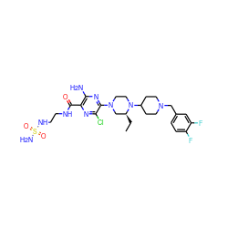 CC[C@H]1CN(c2nc(N)c(C(=O)NCCNS(N)(=O)=O)nc2Cl)CCN1C1CCN(Cc2ccc(F)c(F)c2)CC1 ZINC000073166130