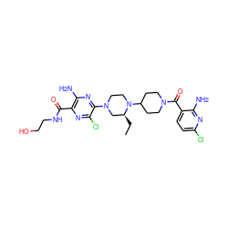 CC[C@H]1CN(c2nc(N)c(C(=O)NCCO)nc2Cl)CCN1C1CCN(C(=O)c2ccc(Cl)nc2N)CC1 ZINC000073167334