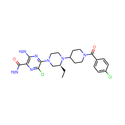 CC[C@H]1CN(c2nc(N)c(C(N)=O)nc2Cl)CCN1C1CCN(C(=O)c2ccc(Cl)cc2)CC1 ZINC000073159526