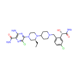 CC[C@H]1CN(c2nc(N)c(C(N)=O)nc2Cl)CCN1C1CCN(Cc2ccc(Cl)cc2[C@H](O)C(N)=O)CC1 ZINC000073167332