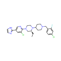 CC[C@H]1CN(c2ncc(-c3ncc[nH]3)cc2Cl)CCN1C1CCN(Cc2ccc(Cl)cc2F)CC1 ZINC000103266145