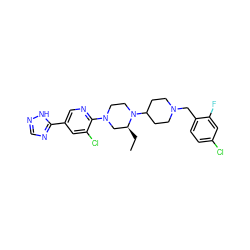 CC[C@H]1CN(c2ncc(-c3ncn[nH]3)cc2Cl)CCN1C1CCN(Cc2ccc(Cl)cc2F)CC1 ZINC000036480128