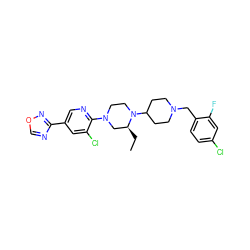 CC[C@H]1CN(c2ncc(-c3ncon3)cc2Cl)CCN1C1CCN(Cc2ccc(Cl)cc2F)CC1 ZINC000103266158