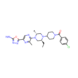 CC[C@H]1CN(c2ncc(-c3nnc(N)o3)nc2C)[C@H](C)CN1C1CCN(C(=O)c2ccc(Cl)cc2)CC1 ZINC000103266245