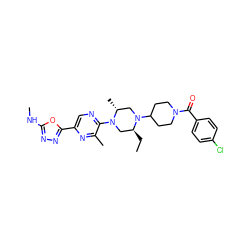 CC[C@H]1CN(c2ncc(-c3nnc(NC)o3)nc2C)[C@H](C)CN1C1CCN(C(=O)c2ccc(Cl)cc2)CC1 ZINC000103266241