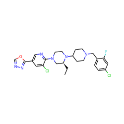 CC[C@H]1CN(c2ncc(-c3nnco3)cc2Cl)CCN1C1CCN(Cc2ccc(Cl)cc2F)CC1 ZINC000036488115