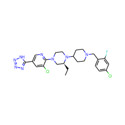 CC[C@H]1CN(c2ncc(-c3nnn[nH]3)cc2Cl)CCN1C1CCN(Cc2ccc(Cl)cc2F)CC1 ZINC000103266152