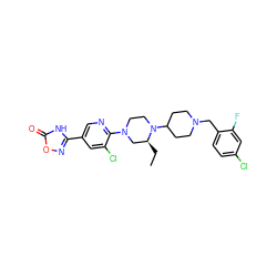 CC[C@H]1CN(c2ncc(-c3noc(=O)[nH]3)cc2Cl)CCN1C1CCN(Cc2ccc(Cl)cc2F)CC1 ZINC000103266155