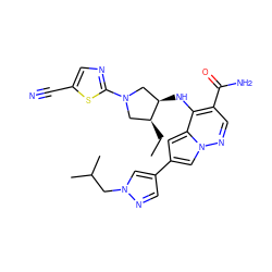 CC[C@H]1CN(c2ncc(C#N)s2)C[C@H]1Nc1c(C(N)=O)cnn2cc(-c3cnn(CC(C)C)c3)cc12 ZINC000261158832