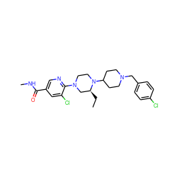 CC[C@H]1CN(c2ncc(C(=O)NC)cc2Cl)CCN1C1CCN(Cc2ccc(Cl)cc2)CC1 ZINC000066079787