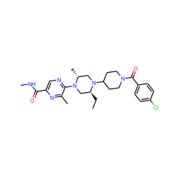 CC[C@H]1CN(c2ncc(C(=O)NC)nc2C)[C@H](C)CN1C1CCN(C(=O)c2ccc(Cl)cc2)CC1 ZINC000073167686