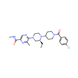 CC[C@H]1CN(c2ncc(C(=O)NC)nc2C)CCN1C1CCN(C(=O)c2ccc(Cl)cc2)CC1 ZINC000073195847