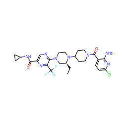 CC[C@H]1CN(c2ncc(C(=O)NC3CC3)nc2C(F)(F)F)CCN1C1CCN(C(=O)c2ccc(Cl)nc2N)CC1 ZINC000073196651