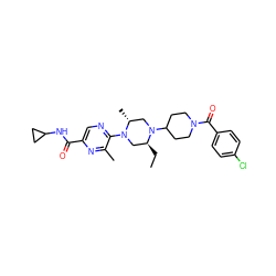 CC[C@H]1CN(c2ncc(C(=O)NC3CC3)nc2C)[C@H](C)CN1C1CCN(C(=O)c2ccc(Cl)cc2)CC1 ZINC000073168862