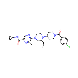 CC[C@H]1CN(c2ncc(C(=O)NC3CC3)nc2C)CCN1C1CCN(C(=O)c2ccc(Cl)cc2)CC1 ZINC000073196223