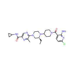 CC[C@H]1CN(c2ncc(C(=O)NC3CC3)nc2C)CCN1C1CCN(C(=O)c2ccc(Cl)nc2N)CC1 ZINC000073159881