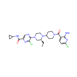 CC[C@H]1CN(c2ncc(C(=O)NC3CC3)nc2Cl)CCN1C1CCN(C(=O)c2ccc(Cl)nc2N)CC1 ZINC000073160901