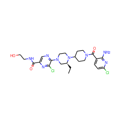 CC[C@H]1CN(c2ncc(C(=O)NCCO)nc2Cl)CCN1C1CCN(C(=O)c2ccc(Cl)nc2N)CC1 ZINC000073141892