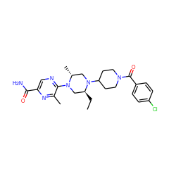 CC[C@H]1CN(c2ncc(C(N)=O)nc2C)[C@H](C)CN1C1CCN(C(=O)c2ccc(Cl)cc2)CC1 ZINC000073159884