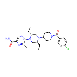 CC[C@H]1CN(c2ncc(C(N)=O)nc2C)[C@H](CC)CN1C1CCN(C(=O)c2ccc(Cl)cc2)CC1 ZINC000073161089