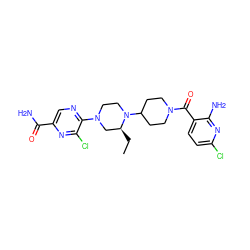 CC[C@H]1CN(c2ncc(C(N)=O)nc2Cl)CCN1C1CCN(C(=O)c2ccc(Cl)nc2N)CC1 ZINC000073159605