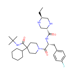 CC[C@H]1CN[C@H](C(=O)N[C@H](Cc2ccc(F)cc2)C(=O)N2CCC(C(=O)NC(C)(C)C)(C3CCCCC3)CC2)CN1 ZINC000028477935