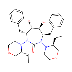 CC[C@H]1COCCN1N1C(=O)N(N2CCOC[C@H]2CC)[C@H](Cc2ccccc2)[C@H](O)[C@@H](O)[C@H]1Cc1ccccc1 ZINC000026575955