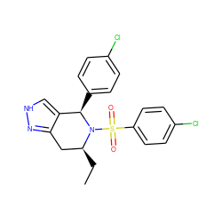 CC[C@H]1Cc2n[nH]cc2[C@@H](c2ccc(Cl)cc2)N1S(=O)(=O)c1ccc(Cl)cc1 ZINC000049067830