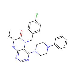 CC[C@H]1Nc2ncnc(N3CCN(c4ccccc4)CC3)c2N(Cc2ccc(Cl)cc2)C1=O ZINC000036382400