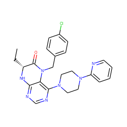 CC[C@H]1Nc2ncnc(N3CCN(c4ccccn4)CC3)c2N(Cc2ccc(Cl)cc2)C1=O ZINC000036382448